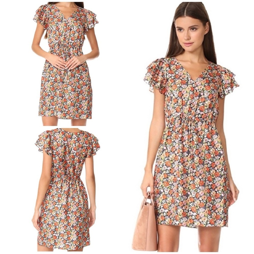 EUC Rebecca Taylor Moonlight Floral Orange Silk Ruffle Cinched Waist Mini Dress‌